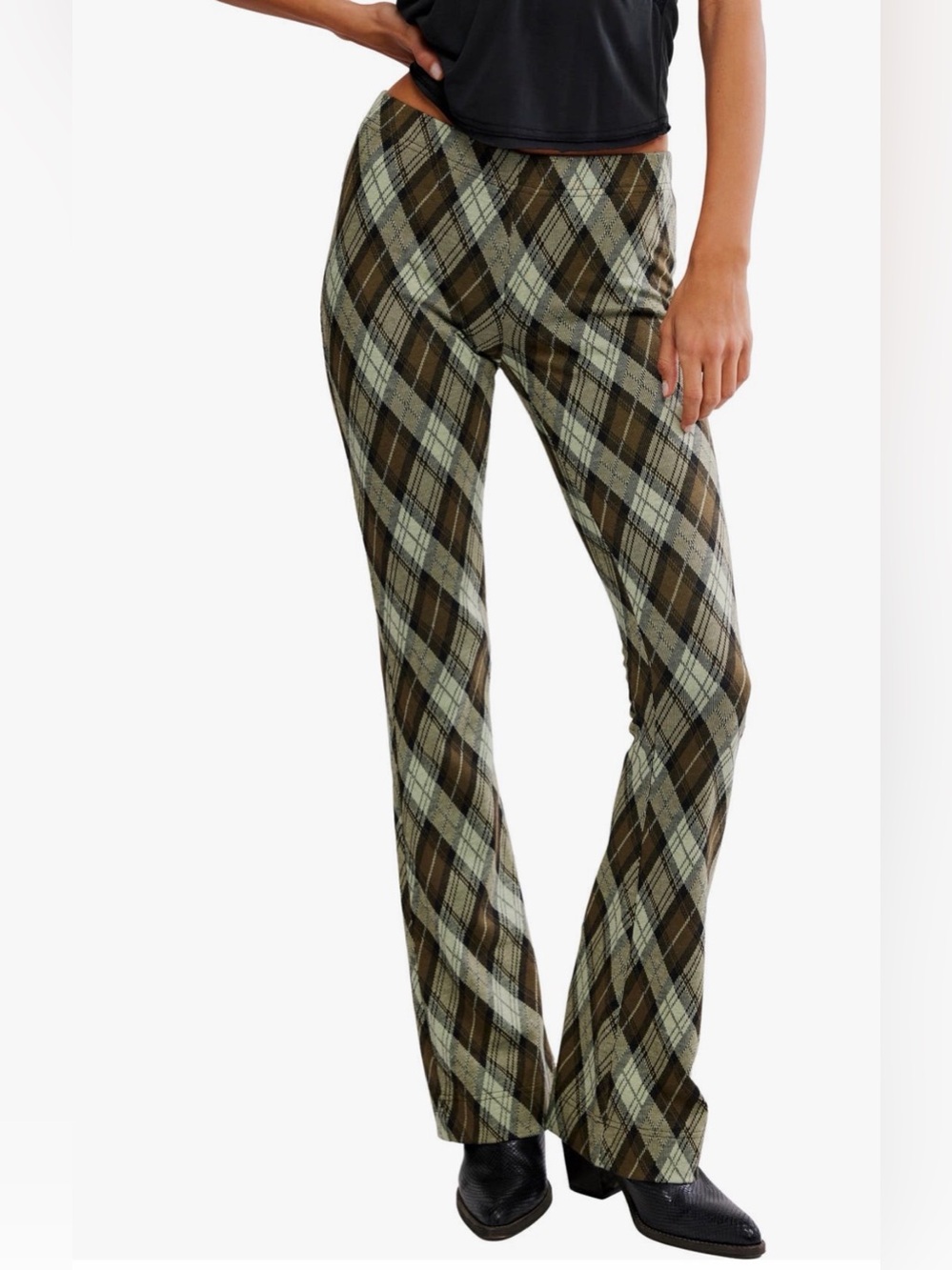 Free People | Olive & Brown Plaid Chloe Flare Leg Knit Pants NWT - Picture 1 of 9